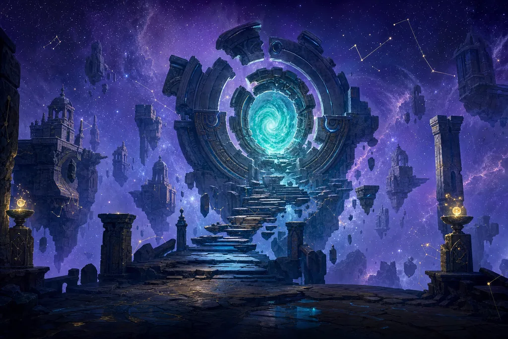 A shattered stone path leading into a violet astral rift
