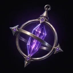 A violet crystal in an orbiting metal pendant