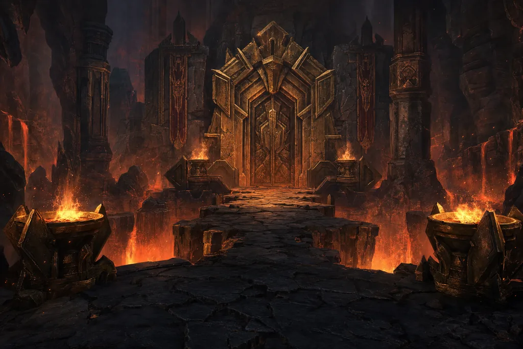 A glowing furnace entrance beneath volcanic ruins