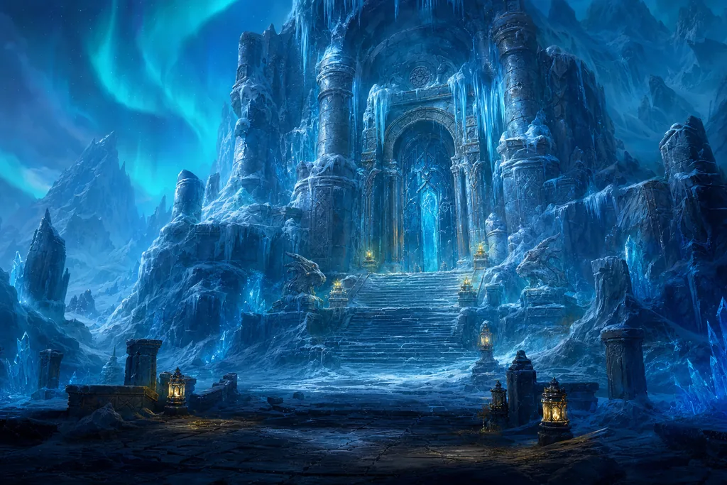 An ancient doorway surrounded by luminous blue ice