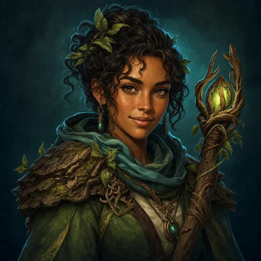 Mira, a mosskeeper carrying a living staff