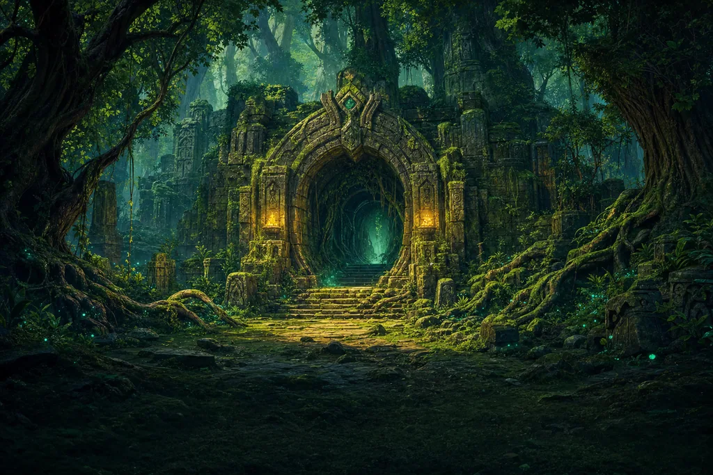 An ancient forest doorway lit by green light: the Mossvault