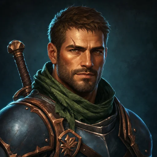 Rowan, an armoured knight in a green cloak